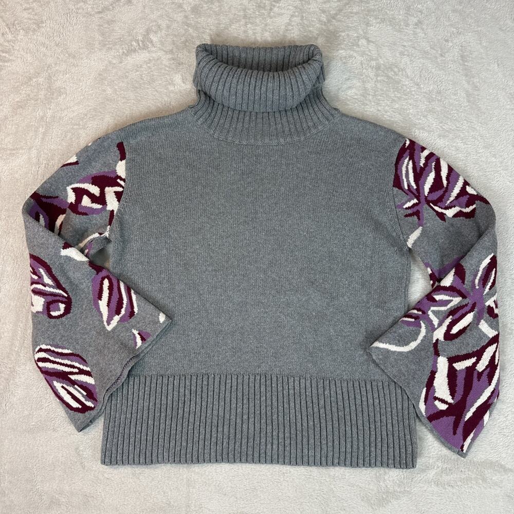 Women’s M Medium Cabi Eden Gray Floral Sleeve Ribbed Turtleneck Knit Sweater EUC